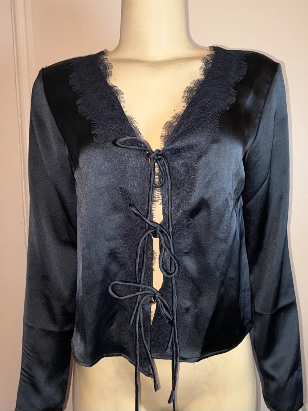 LOFT Black Satin Lace-Trim Tie Front Blouse